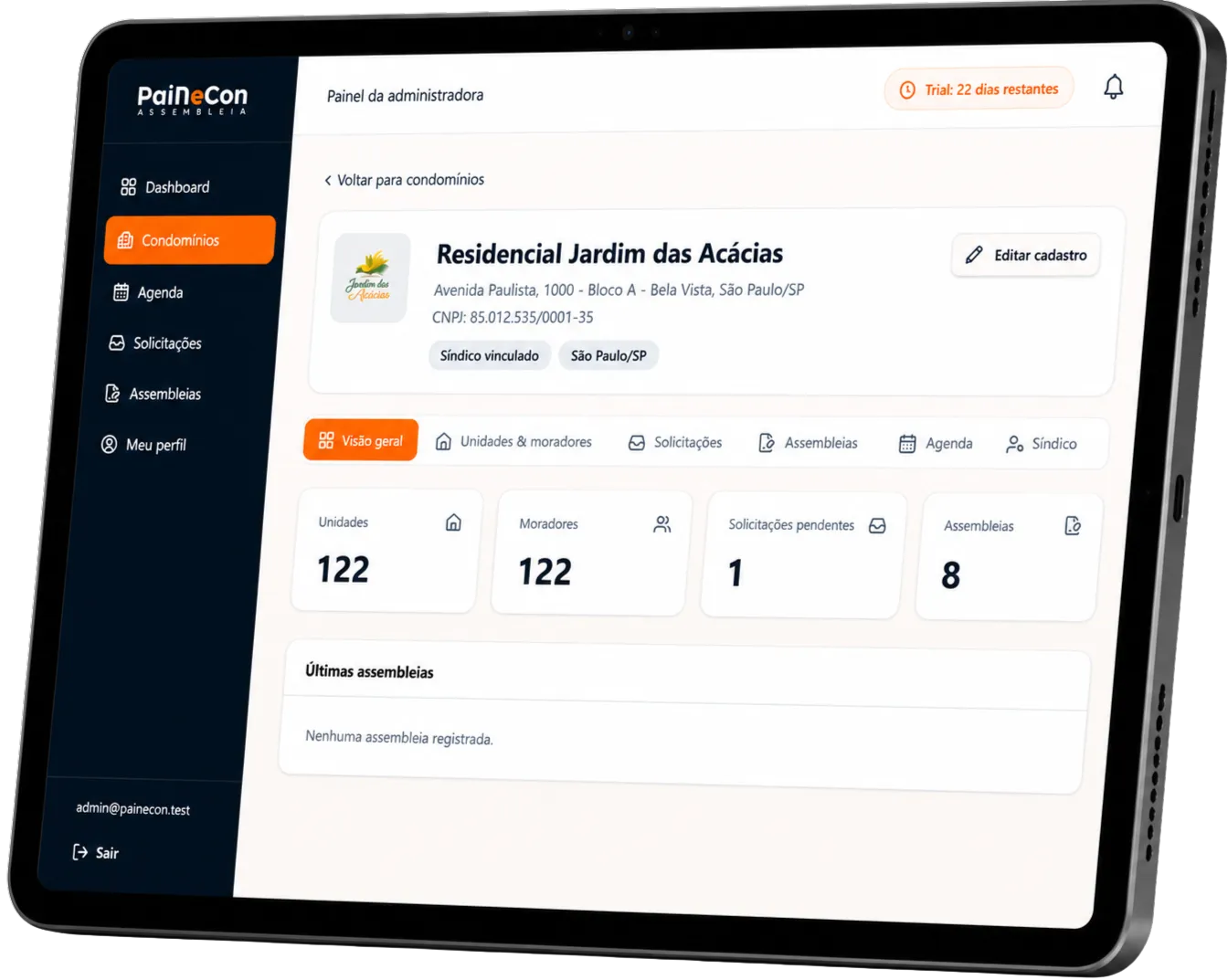 Painel da administradora mostrando o dashboard do condomínio Residencial Jardim das Acácias